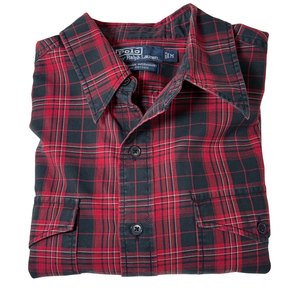 Polo Ralph Lauren Woodsman Workshirt Mens Medium Red Black‎ Plaid 100% Cotton